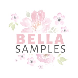 May include: A pink and white floral design with the text "BELLA SAMPLES" in pink and gray letters.