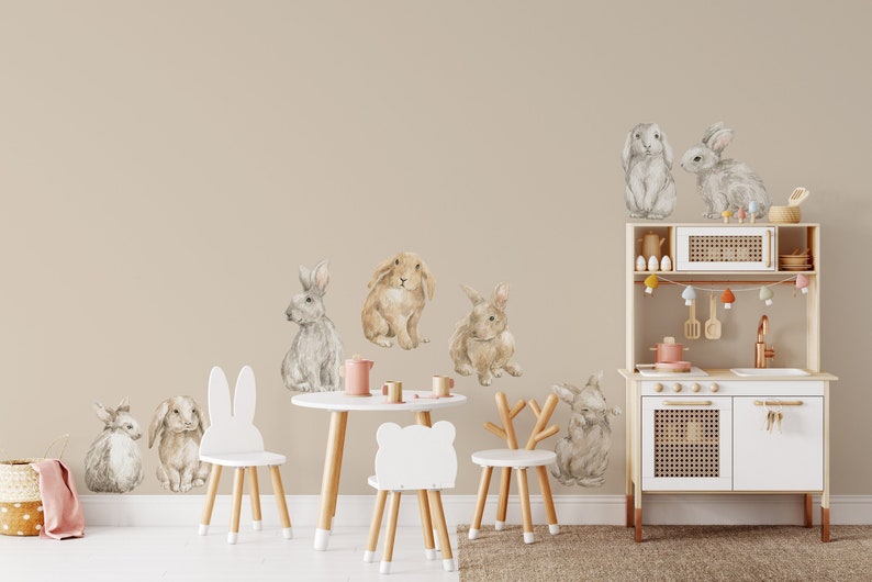 8 Bunnies Woodland Décor Nursery Baby Room Wall Decals Cute Rabbits Animals Sets bild 2