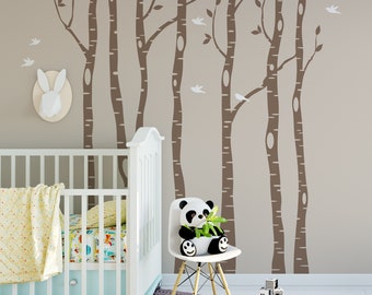 Nursery Decor Whimsical Woodland | 6 Birch Trees Wall Decal Forest Nursery Birds Removable Vinyl Sticker Woodland Neutral Baby Bedroom Decor