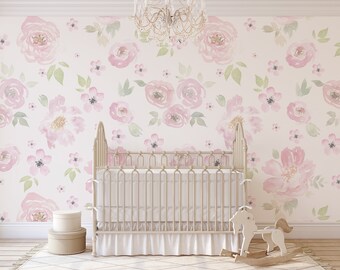 Pink Floral Bedroom Wallpaper, Botanical Wallpaper Mural, Peel & Stick Vintage Wallpaper 0134-78