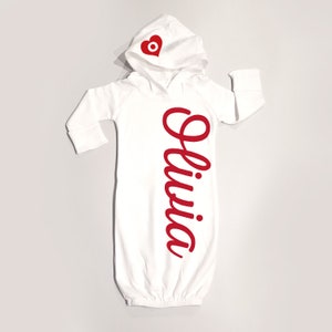 Personalized Gift for Newborn Baby: Coming Home Outfit, Printed Baby Name on Gown Red or White, Hooded Baby Gown, Christmas Babies Twins