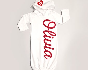 Personalized Gift for Newborn Baby: Coming Home Outfit, Printed Baby Name on Gown Red or White, Hooded Baby Gown, Christmas Babies Twins