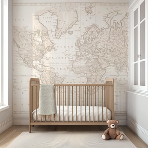 Vintage World Map Nursery Mural, Boys Nursery Peel and Stick Wallpaper, Neutral Atlas Map Wall Art for Baby Room