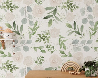 Removable WALLPAPER Caroline Roses SMALL Neutral Nursery Fern Eucalyptus Greenery Ivory Roses Mural Peel & Stick Fabric Non Toxic 0161