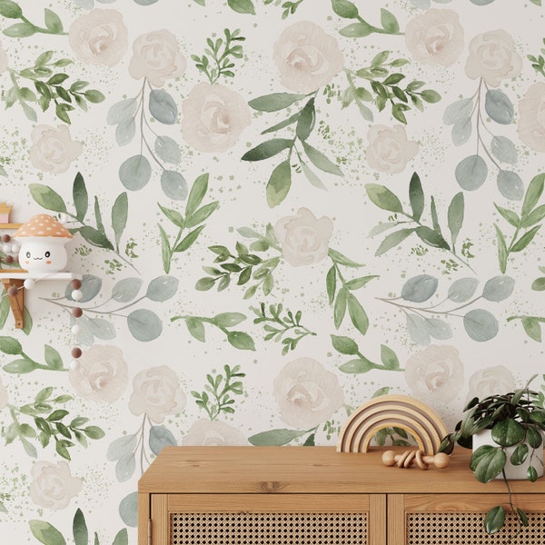 Removable WALLPAPER Caroline Roses SMALL Neutral Nursery Fern Eucalyptus Greenery Ivory Roses Mural Peel & Stick Fabric Non Toxic 0161