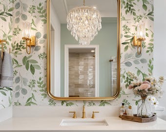 Bathroom Wallpaper Peel and Stick | Eucalyptus Botanical Green Wallpaper | Farmhouse Wall Paper 0160-32