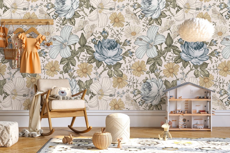 Peel & Stick WALLPAPER JAZMARIE Vintage Flowers Eclectic Floral Girl Nursery Wall Easier Application Removable Self Adhesive Fabric 0135L image 3