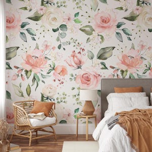 Removable Wallpaper Peel and Stick FABRIC EMILY Vintage Rose Pink Nursery Wall Mural Self Adhesive Pink Wallpaper Floral Wallpaper 0177-52