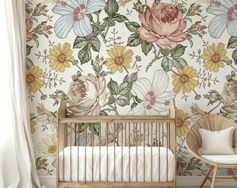 Vintage Floral Nursery Wallpaper, Removable Peel Stick Canvas, Baby Girl Nursery Wallpaper Mural CAMILA 0130-78