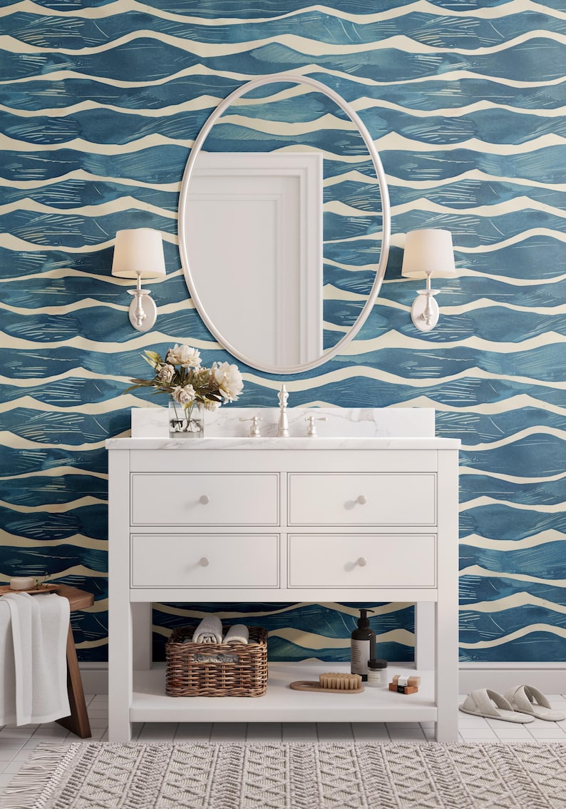Bathroom Wallpaper, Coastal Wallpaper, Blue Wallpaper 0341-52 image 6