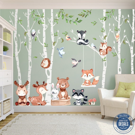 CUTE Baby Bär Schaukel BABY Kinderzimmer Bäume Deko 15 Wald Igel Hirsch Fuchs Waschbär Wandtattoos 6 Elch Wald Tiere Set