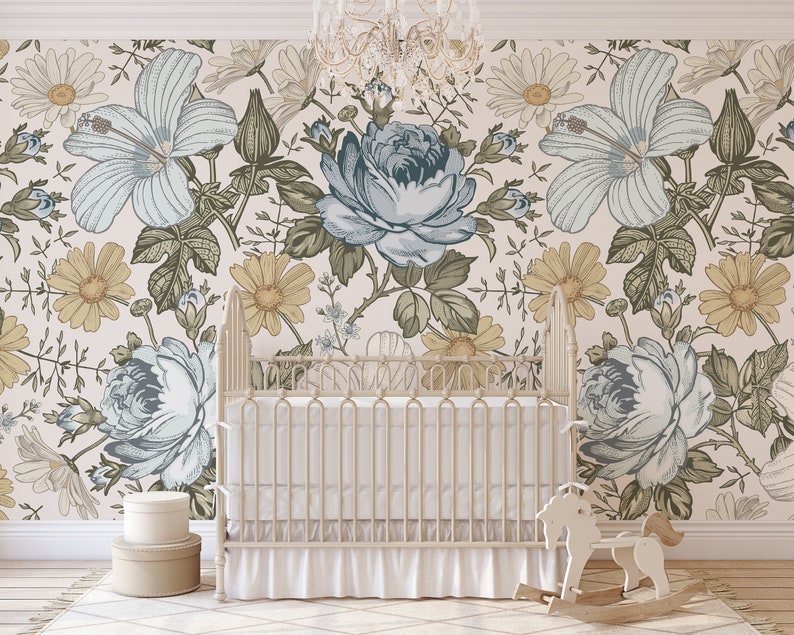 Peel & Stick WALLPAPER JAZMARIE Vintage Flowers Eclectic Floral Girl Nursery Wall Easier Application Removable Self Adhesive Fabric 0135L image 2
