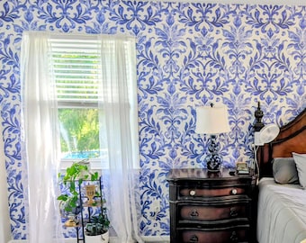 Royal BLUE Damask Floral Removable WALLPAPER | PREPASTED Victorian Nursery Botanical Wallpaper Floral Bathroom Wallpaper 0340-26