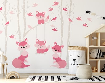 Peel & Stick FABRIC or VINYL Woodland FAMILY of Foxes Animals Décor Nursery Baby Neutral Wall Decals Pink Grey Orange Fox Mom Dad Baby Fox