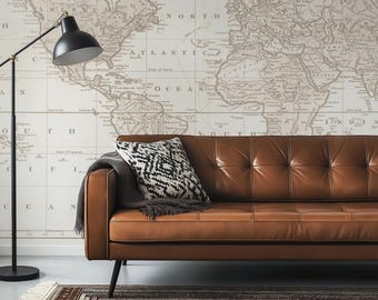 Vintage World Map Wall Mural, Neutral Peel and Stick Wallpaper, Antique Atlas Map Wall Art for Library Office Study