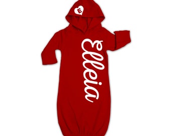 CHRISTMAS Personalized Gift for Newborn Baby: Coming Home Outfit, Printed Baby Name on Gown Red or White, Hooded Baby Gown, Babies Twins