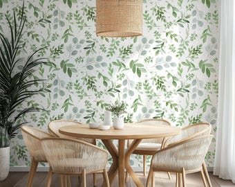 Dining Room Wallpaper Peel and Stick | Sage Green Botanical Wallpaper | Farmhouse Wall Paper 0160-32
