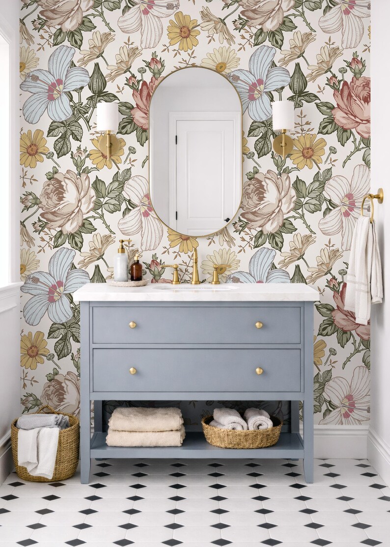 Vintage Botanical Baby Room Wallpaper, Removable Peel Stick Fabric, Floral Wallpaper for Board and Batten Walls CAMILA 0130-52 image 15