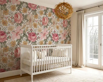 Vintage Wallpaper, Pink Wallpaper, Floral Wallpaper, Peel and Stick, Removable Wallpaper Natalia 0132-52