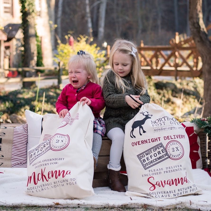 HooAMI 3-Pack Personalized Santa Sacks - Custom Drawstring Gift Bags With Name/Initial For Large Christmas Presents (Choose Size)