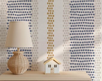Peel & Stick Removable Wallpaper, Blue Gold Stripes, French Farmhouse Striped Wallpaper 0480-52