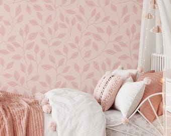Pink Wallpaper with Whimsical Leaves, Nursery Wallpaper, Botanical Wallpaper MAEVE 0394