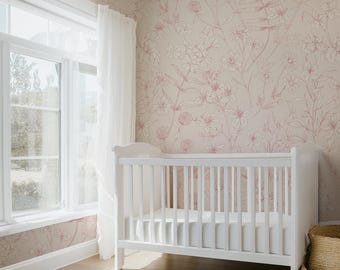 Nursery Wallpaper, Floral Wallpaper, Pink Wildflower Wallpaper, Peel and Stick Wallpaper 0404-78