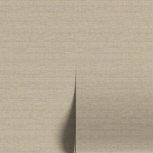 May include: Beige textured wallpaper with a subtle woven pattern. The wallpaper is partially unrolled, revealing a white edge and a dark shadow. The overall effect is a neutral, natural aesthetic, suitable for interior design.