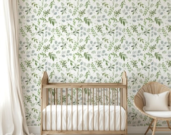 Nursery Wallpaper Peel and Stick | Sage Green Botanical Wallpaper | Baby Room Wall Paper 0160-26