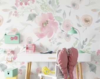 REMOVABLE WALLPAPER Elizabeth PREPASTED Pink Wallpaper, Watercolor Floral Wallpaper Girls Nursery Wall Mural Romantic Wallpaper 0133