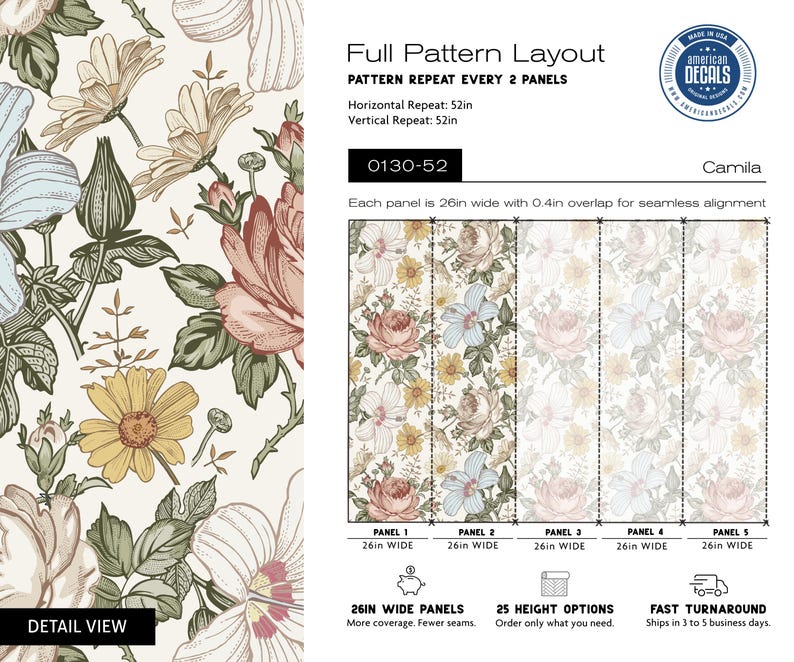 Vintage Botanical Baby Room Wallpaper, Removable Peel Stick Fabric, Floral Wallpaper for Board and Batten Walls CAMILA 0130-52 image 3