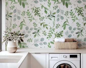 Living Room Wallpaper Peel and Stick | Sage Green Botanical Wallpaper | Statement Wall Paper 0160-39
