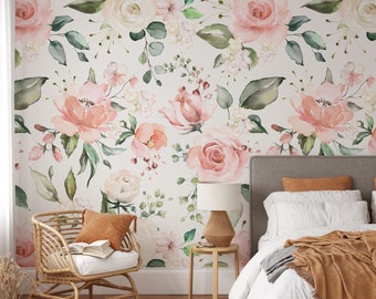 Removable Wallpaper Peel Stick CANVAS EMILY Vintage Rose Pink Nursery Wall Mural Self Adhesive VINYL Pink Wallpaper Floral Wallpaper 0177