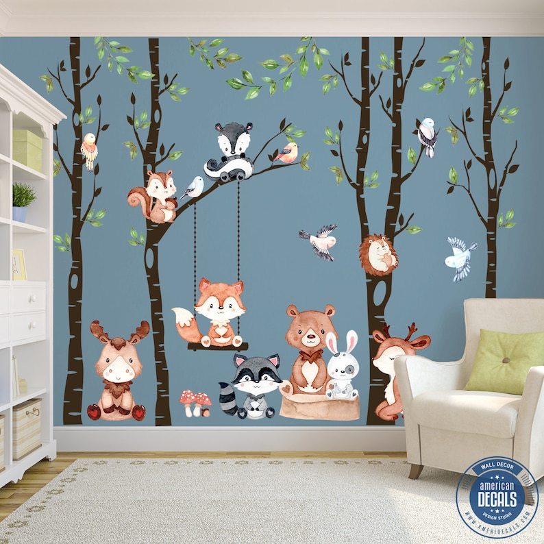 Woodland Décor 4 Trees Nursery Baby Wall Decals 9 Animals 6 Etsy Ireland