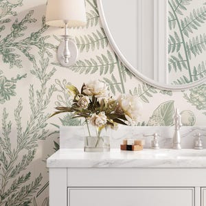 Farmhouse Wallpaper, Neutral Nursery, Eucalyptus Fern Sage Wallpaper, Removable Peel & Stick CANVAS Green Botanical Toile Wallpaper 0410-52