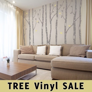 Removable Vinyl Nursery Decor | 6 Birch TREES Wall DECAL, Woodland Forest Animals Nursery Decor Bedroom Wall Art 2 colors 12 Birds Vinyl