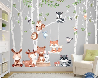 Woodland Wall Decals Neutral Nursery, 8 Trees REMOVABLE VINYL Set, Cute Forest Peel & Stick Animals, Boys Room Mural
