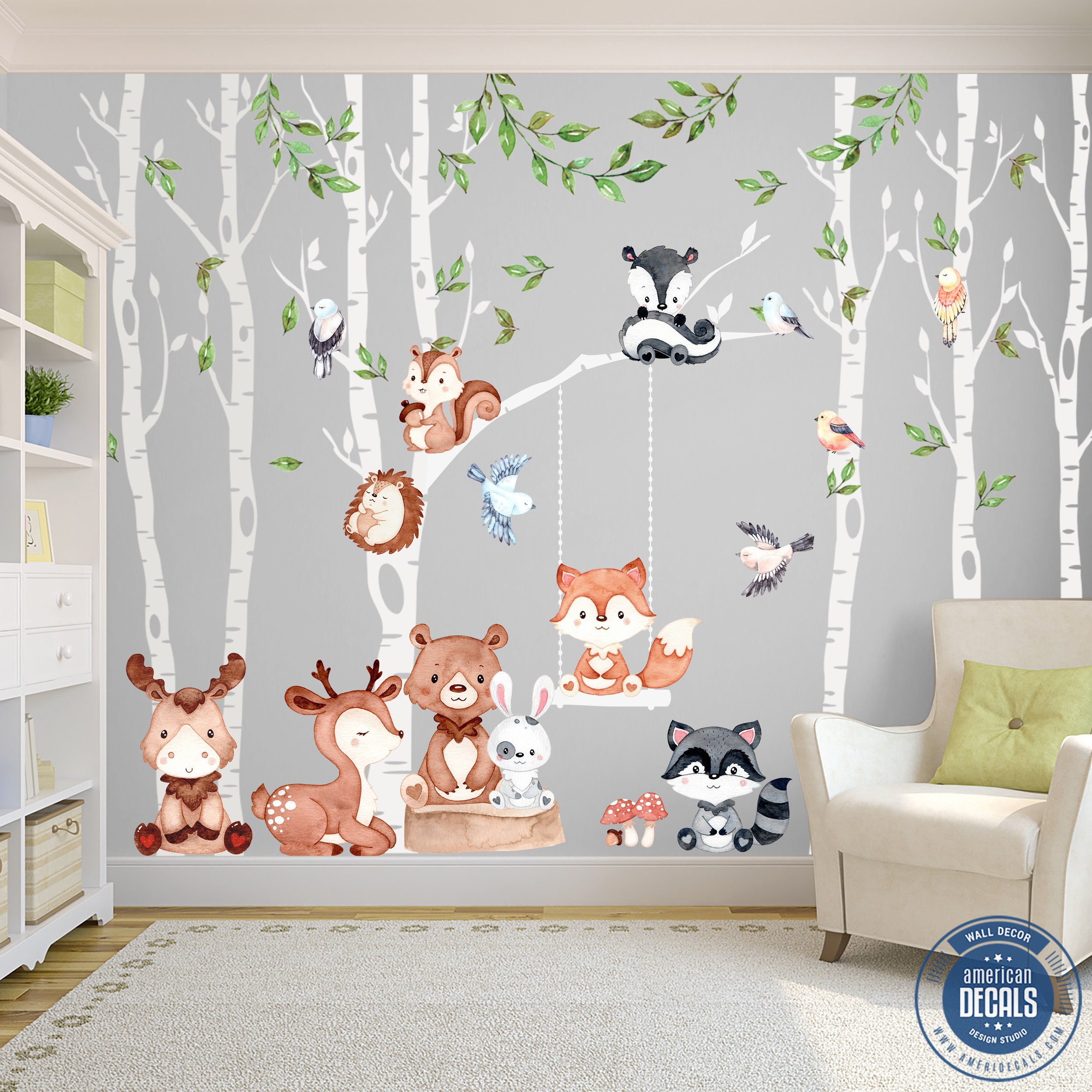 Woodland Theme Kids Room Wall Decal Fabric, Room Mural, Nursery Decal,  Forest Animal Decals, Fox, Bear, Bunny, Fawn, Pine Tree Wall Stickers - Etsy