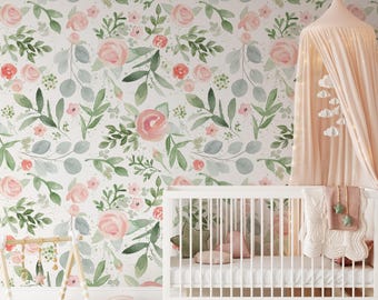 Removable Peel & Stick WALLPAPER, Soft Floral Nursery Wallpaper, Watercolor Vintage Flowers, Light Botanical Baby Room Decor DAKOTA 0164-52