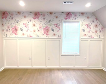 Pink Floral Wallpaper for Board and Batten Walls, Cottage Nursery Bedroom Wallpaper ELIZABETH 0133-78