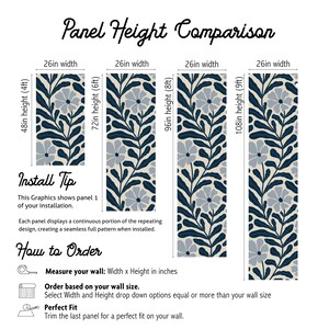 May include: A comparison chart for wallpaper panels, each 26 inches wide, with varying heights of 48 inches (4 ft), 72 inches (6 ft), 96 inches (8 ft), and 108 inches (9 ft). The panels feature a floral design in navy and gray.