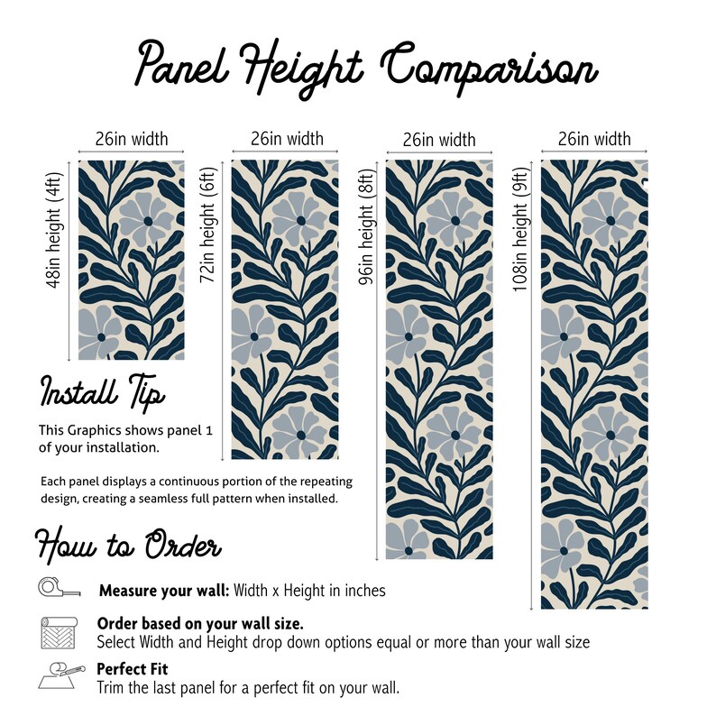 May include: A comparison chart for wallpaper panels, each 26 inches wide, with varying heights of 48 inches (4 ft), 72 inches (6 ft), 96 inches (8 ft), and 108 inches (9 ft). The panels feature a floral design in navy and gray.