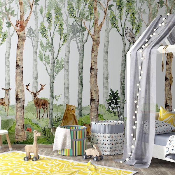 Woodland Mural Removable WALLPAPER - Seamless Pine Trees Boy Nursery Watercolors Forest Wallpaper Peel and Stick Fabric Repositionable 0249