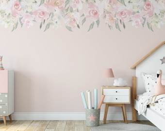DELANEY FAITH Blush Pink Nursery Wall Decor Flowers Wall Decals Blooms Peonies Watercolor Floral Garden Decor Girls Baby Room Baby Pink