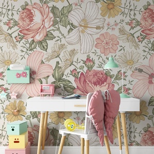 Removable WALLPAPER OLENA S Vintage PINK Flowers Roses Hibiscus Floral Girl Nursery Wall Peel & Stick Self Adhesive Fabric 0131 S