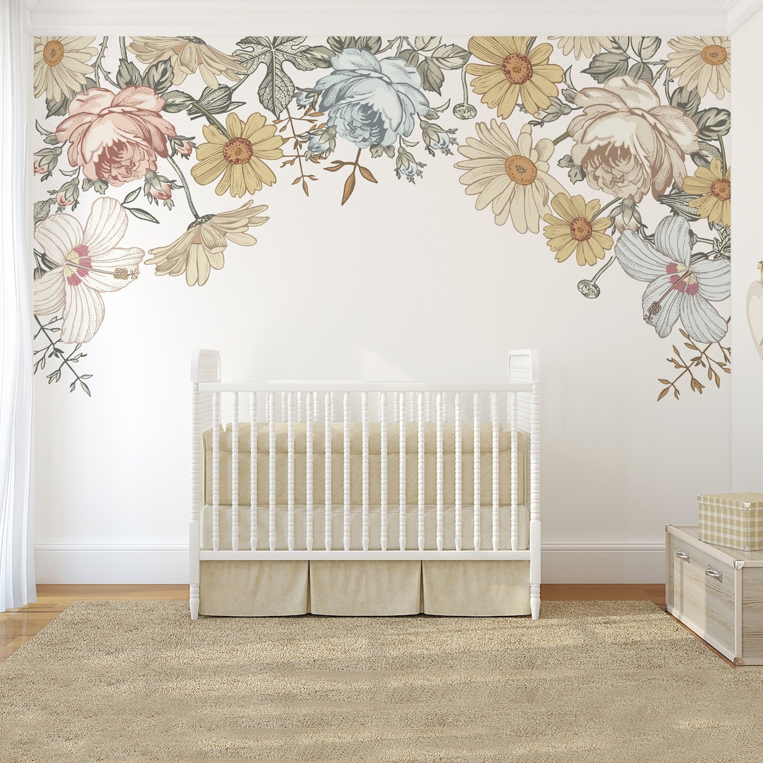 Floral Nursery CANOPY Wall Decals, CAMILA Vintage Flower Wall Decor for ...