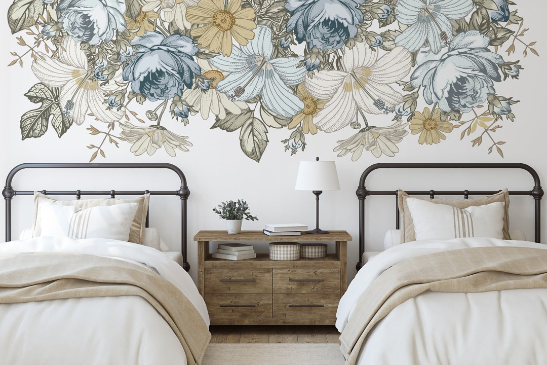 Samples JAZMARIE Vintage Blue Flowers Wallpaper Fabric Canvas Prepasted