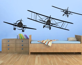 SALE 3 AIRPLANES Set Vinyl Wall Decal Graphics Many Colors Children Boys Flying Planes Bedroom Decor Gift up to 80&quot;