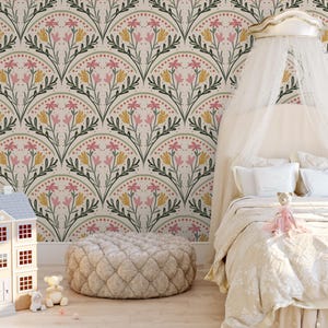 Floral Scallops Wallpaper – Removable Peel & Stick Pink Nursery Wall Decor | Baby Girl Wallpaper, Girls Room, Boho Botanical Nursery 0414-52
