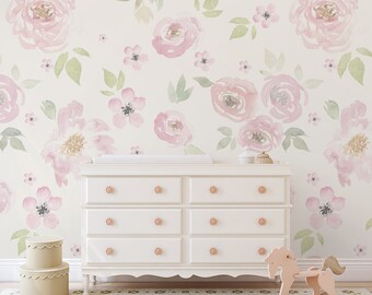 Pink Floral Nursery Wallpaper, Baby Girl Wallpaper Mural, Removable Wallpaper 0134-78
